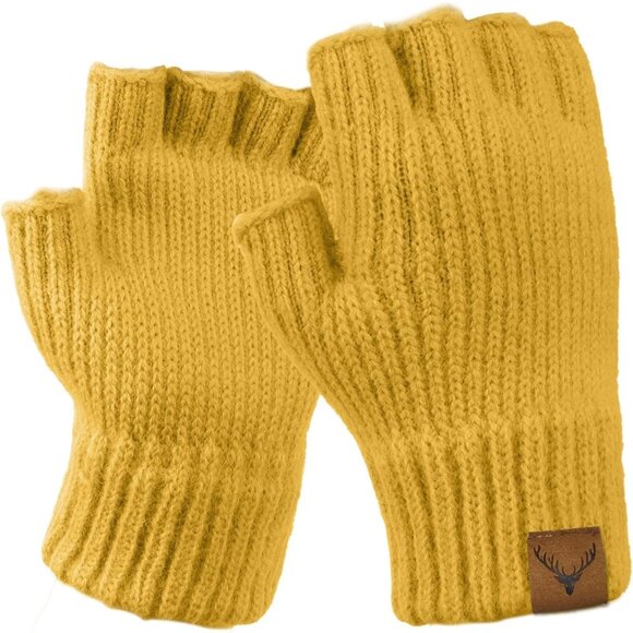 Accessories - Women's Pure-Yellow Half Fingers Fingerless Cozy Lining Knitted Mittens Gloves